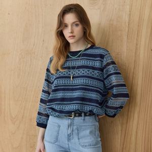 에스닉 스트라이프 레이스 블라우스 티셔츠