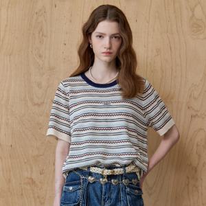 지그재그 스트라이프 라운드넥 반팔 니트