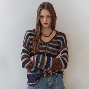 스팽글 믹스 스트라이프 루즈핏 브이넥 니트