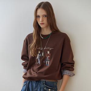 일러스트 자수 체크 셔츠 레이어드 맨투맨