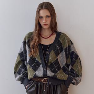 아가일 패턴 루즈핏 브이넥 가디건