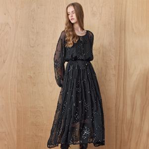 오팔 스팽글 플라워 자수 쉬폰 롱 원피스