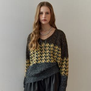 스팽글 하운드투스 컬러 블록 니트