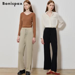 허리스트링 밑단 트임 니트 팬츠