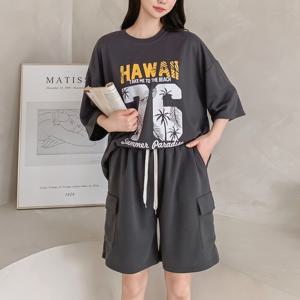 [브리치]  / 야자수 레터링 나염 반팔 박스티 카고 반바지 set  플