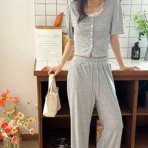 [브리치]  / 레이스 날라리 단추 반팔티 롱팬츠 세트