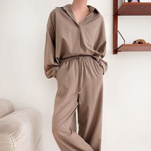 [브리치]  / 심플 폴리 오버핏 셔츠 일자 와이드 밴딩 팬츠 set