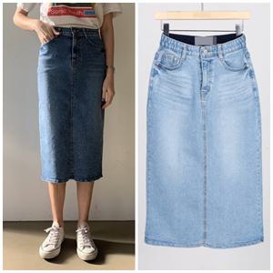 여성 스판 밴딩 뒷트임 H라인 7부 데님 스커트 핏이 예쁜 청치마