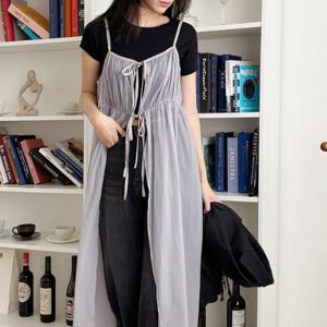 여자 여름 레이어드 뷔스티에 셔링 시스루 롱 원피스