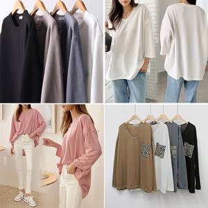 중년 엄마 빅사이즈 여자 옷  가을 7부 티셔츠 롱 데일리 브이넥 여성긴팔