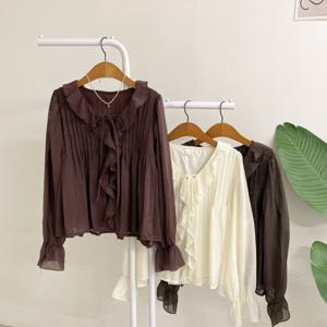 [브리치]  / 트릴린 브이넥 핀턱 프릴 리본 커프스 블라우스(3color)