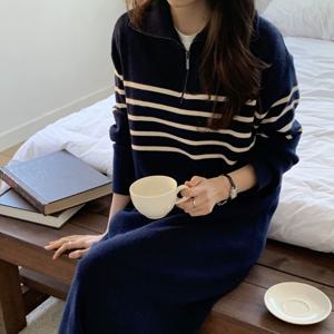 [브리치] 10가트 /  자체제작  2800 루즈핏 반집업 스트라이프 니트 롱 원피스 가을 겨울