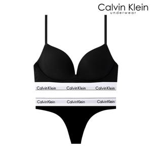 CK 여성 아이콘 코튼 AF 플런지 푸쉬업 브라+티팬티 세트 QF8502+QF8518 BLACK