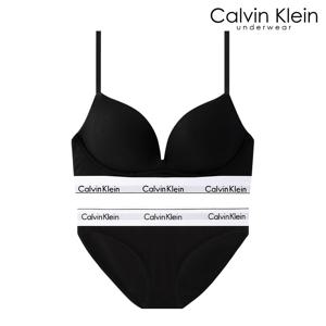 CK 여성 아이콘 코튼 AF 플런지 푸쉬업 브라+팬티 세트 QF8502+QF8520 BLACK