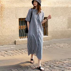 256006 - 지지미 체크셔츠 롱원피스 빅사이즈 여름원피스 린넨원피스 면원피스 40대 50대 100사이즈 인견원피스 나시원피스
