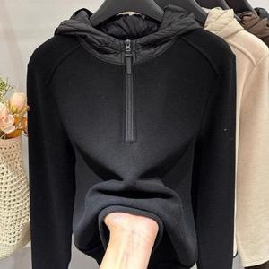 여성 심플 후드 맨투맨 슬림 기모 반집업 후드티 긴팔티 데일리룩 가을겨울