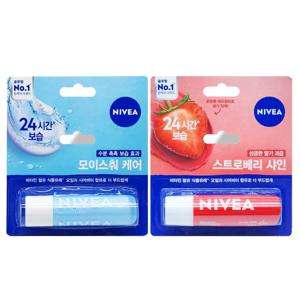 1+1 니베아 보습케어 립밤 4.8g 모이스춰 케어 + 스트로베리 샤인