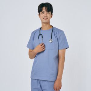 남성 쿨스판 크루넥 스크럽 상의 간호사 의사 병원 수술복 (인디고)
