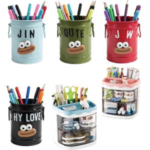 튼튼한 원형 철제 깡통 연필꽂이 회전 서랍 사각 펜꽂이 초등 초등학생 문구 학용품 크리스마스 단체 선물