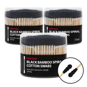 FINDYOU 파인듀 검정 대나무 나선형 면봉 300입 x 3개 검정 컬러로 오염 확인이 쉬운 위생 면봉