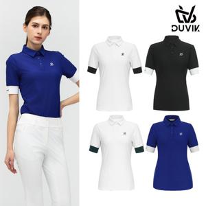 듀빅 여성 소매 배색 Y카라 반팔티셔츠 DE2WTS121