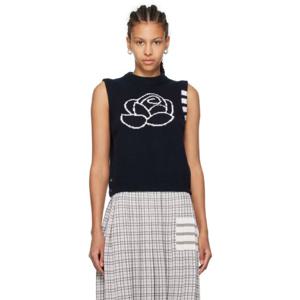 톰브라운 티셔츠 네이비 스트라이프 로즈 아이콘 베스트 242381F096005