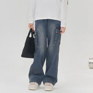 [오션스카이] 공용 블루 카고 와이드 데님 팬츠-EEJG2351B0N