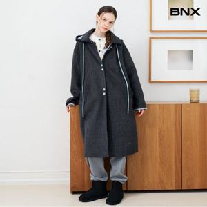[BNX] 울 블렌드 배색 리본 후드 롱 코트 (BX4CT006L0)