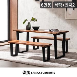레이븐 우드슬랩 원목 6인 식탁 세트(벤치2개포함)