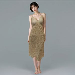 [바바라(언더웨어)]베이지 번아웃 프린트 시스루 롱 슬립 AFS4613S