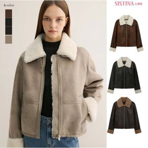 [시스티나]여성 겨울 시어링 카라 퍼 세미 크롭 무스탕 자켓
