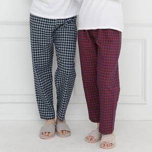 [속옷도둑]국산 커플 선염 체크 파자마 잠옷바지 선염 9부 남여