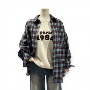 [트위]체크 컬러 배색 루즈핏 셔츠 TNJDFNB006