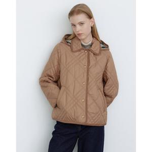 닥스 여성 24FW 퀼팅 베이지 체크 배색 탈착 후드 숏 퀼팅 점퍼 DLJU4DE95I2