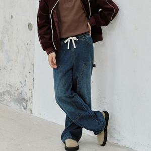 [플랙진]남성 허리밴딩 카펜터 세미 와이드 중청바지 데님 팬츠 (PJTI5STT435)