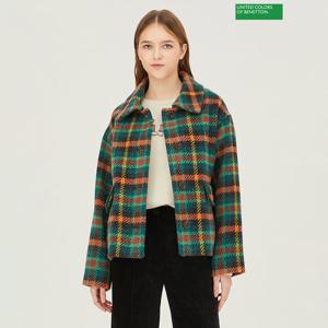 베네통 카라 울 체크 코트 BACT57361_GN