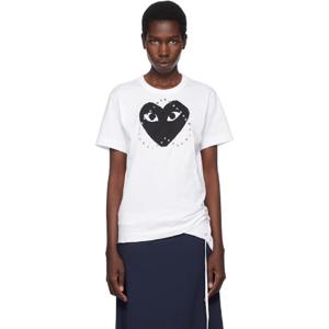 25 FW 꼼데가르송 여성 화이트 스터드 프린트 하트 티셔츠 252246F110008