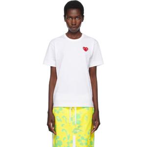 25 FW 꼼데가르송 여성 화이트 라인스톤 엠블럼 하트 티셔츠 252246F110003