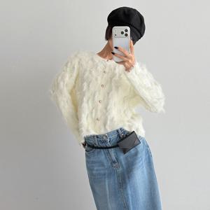 샵앤) 여성 노카라 라운드 단추오픈 퍼 자켓 가디건 MCR-WCD-5099-아이보리