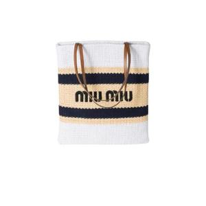 미우 미우 라피아 이펙트 우븐 토트백 탄 화이트 5BG248-2DO3-F0N86