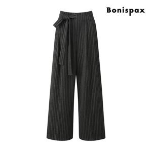 [보니스팍스(여성의류)]하이웨이스트 핀턱 스트라이프 와이드 슬랙스 XPCPT009M0