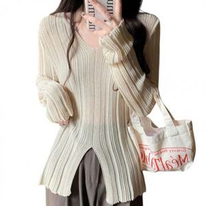 여자 브이컷 컷아웃 롱슬리브 뜨개탑 상티슬림 이지 스프링 가을철 니트상의 니트웨어