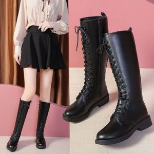 여성 롱 부츠 가죽신발 통굽 레이스업워커