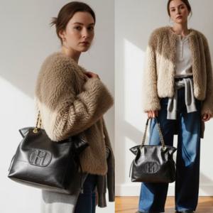 [헤지스] 시그니처 H 포인트 레더 드로우 숄더백 L HIBA6E555BK