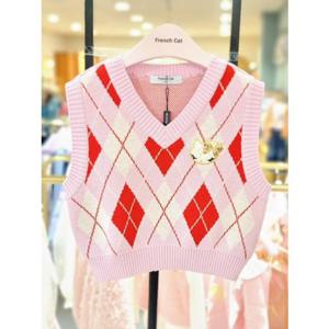 [프렌치캣 9D] 핑크 아가일 니트조끼 (Q51DAW021S)