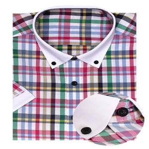 캐주얼 배색체크 슬림 반팔 셔츠