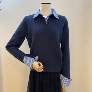 [숲]소매 배색 카라 긴팔여성니트 SBBLK31