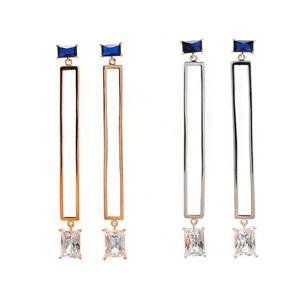 블루 큐빅 롱 직사각 프레임 은침 드롭귀걸이