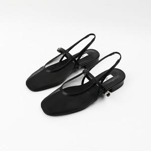 [신난다슈] 여성 슬링백 샌들 2cm 메리제인 펌프스 뮬 플랫 샌들 망사 낮은굽 AG259015 블랙