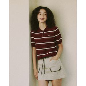 헤지스 여성 24FW 면 버건디 스트라이프 반소매 카라 스웨트 HSSW4DL71D2